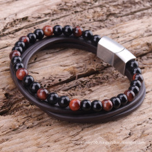 2020 Natural agat Stone Bracelet Stainless Steel Clasp Bangle Jewelry Leather Bracelet for Men